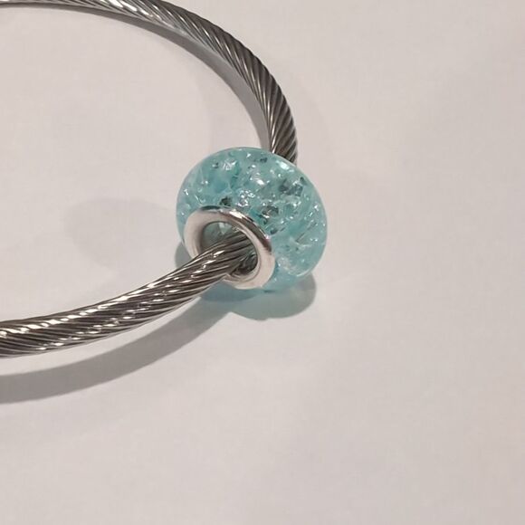 Silver Blue "Crushed Glass" Charm for Pandora Style‎ Bracelet - Picture 4 of 4